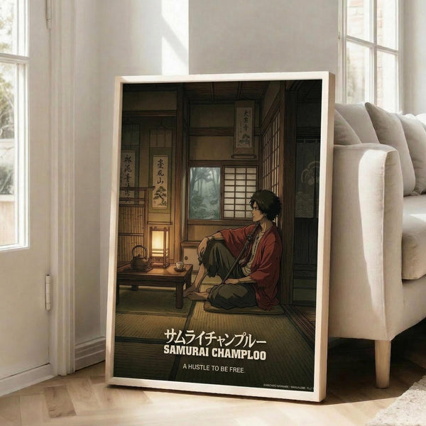 May include: Framed anime poster displayed in bright modern living room next to beige sofa. Shows Japanese samurai character in red robe sitting in traditional wooden interior with tatami mats, scrolls on walls, and warm lantern lighting. Text reads "Samurai Champloo" and "A Hustle to be Free" in white letters. Detailed illustration style with earth tones and atmospheric shading.