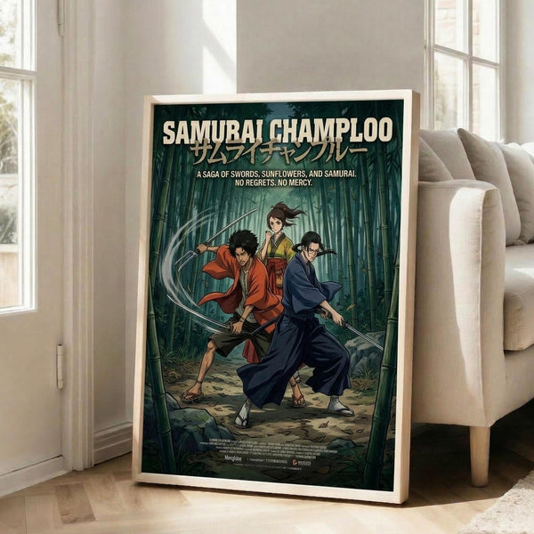 May include: Framed anime-style poster displayed in bright living room with beige furniture. Shows three samurai characters in traditional Japanese clothing wielding swords in bamboo forest setting. Green and teal color scheme with dramatic lighting. Medium-sized wooden frame leaning against white wall near cream-colored sofa. Japanese text visible at top along with English subtitle about swords, sunflowers, and samurai themes.