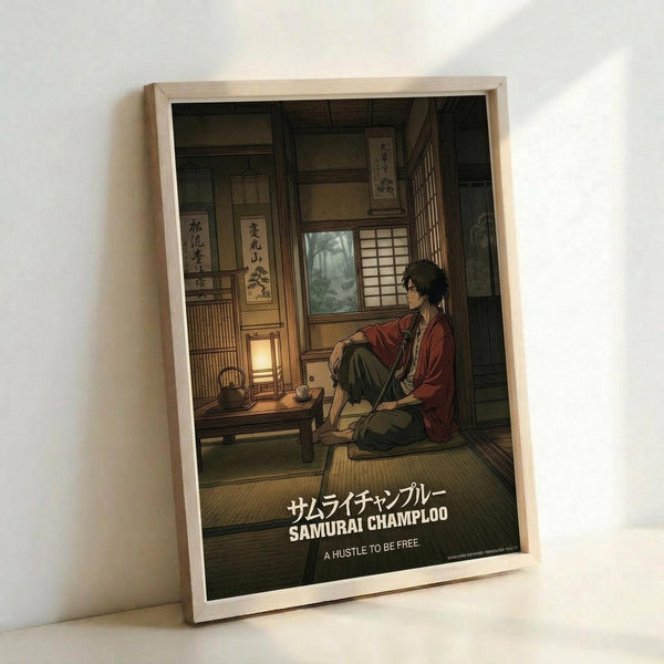 May include: Framed anime poster leaning against white wall showing character in red clothing sitting in traditional Japanese room with tatami mats, wooden architecture, and calligraphy scrolls. Natural wood frame, warm interior lighting, detailed illustration style with earth tones and atmospheric perspective through window opening.