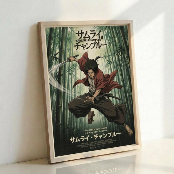 May include: Framed anime poster showing a samurai character with black hair wielding a sword, wearing red and brown clothing, leaping through a bamboo forest. Japanese text at top reads "Samurai Champloo" with English subtitle below. Natural wood frame displayed against white wall on light surface with soft shadows.