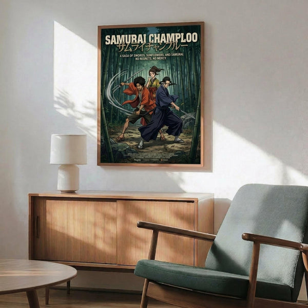 May include: Framed anime-style poster mounted on white wall above wooden credenza, featuring three samurai characters in dynamic fighting poses against bamboo forest backdrop. Green and earth tone artwork with Japanese text, displayed in modern living room with teal upholstered chair, round coffee table, and white ceramic table lamp. Warm natural lighting creates shadows across mid-century modern furniture.