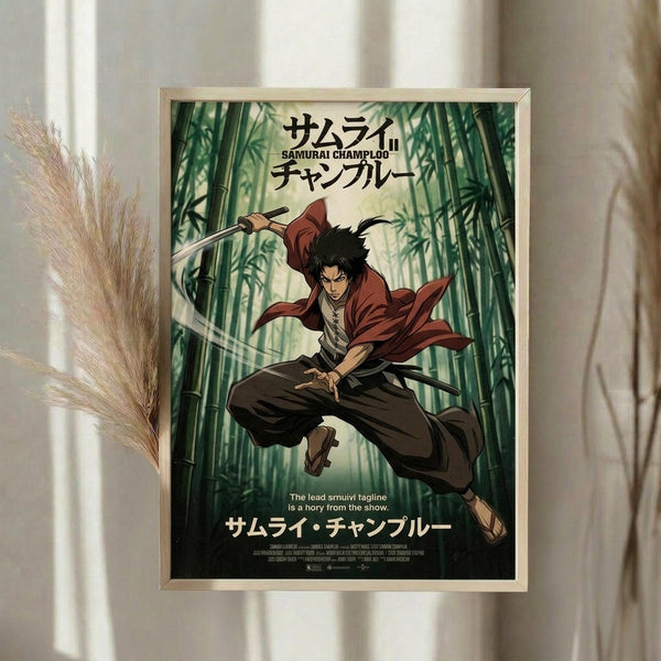 May include: Framed anime poster displayed on white wall next to dried pampas grass stems. The artwork shows a dark-haired samurai character mid-leap through a bamboo forest, wearing flowing red and brown clothing while wielding a sword. Japanese text appears at top and bottom of the green-toned poster in a light wooden frame.