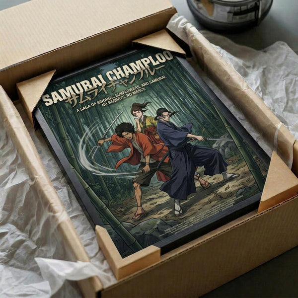 May include: Framed anime poster in cardboard shipping box with protective paper wrapping. Artwork shows three samurai characters in traditional Japanese clothing against bamboo forest background - one in red robes wielding a sword, another in dark blue outfit, and third character behind them. Green tones dominate the scenic backdrop with detailed illustration style.