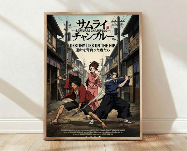 May include: Framed anime poster displayed against white wall on wooden floor. Shows three samurai characters with swords in dynamic poses on a traditional Japanese street scene. Features Japanese text at top, English subtitle "Destiny Lies on the Hip," and production credits at bottom. Artwork has vintage anime art style with muted colors - burgundy, navy, and earth tones. Natural wood frame with visible grain.
