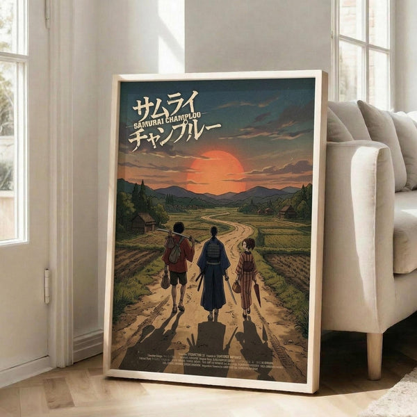 May include: Framed anime-style poster leaning against beige sofa in bright living room with hardwood floors and white walls. Artwork shows three figures walking down dirt road toward sunset with mountains and rural landscape. Japanese text at top, warm orange and green colors throughout vintage-inspired illustration.