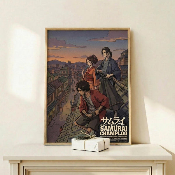 May include: A framed anime poster displayed on a light wood shelf against a white wall. The artwork shows three characters in traditional Japanese clothing on rooftops overlooking a historic town at sunset. The scene features warm orange and purple sky colors with detailed architecture below. A small white wrapped gift with greenery sits beside the wooden-framed poster, creating a cozy display setup.