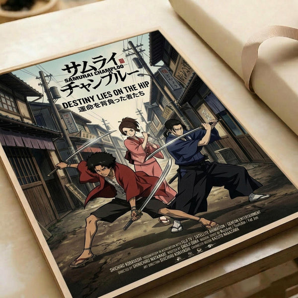 May include: Anime poster print featuring three samurai characters in traditional Japanese clothing wielding swords on a busy street scene. The artwork shows detailed illustration style with muted earth tones and urban backdrop. Print appears flat against white surface with curved white paper edges visible, suggesting product photography setup.