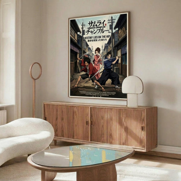 May include: Framed anime poster on white wall above wooden sideboard in modern living room. Poster shows three samurai characters in red and dark clothing on traditional Japanese street. Room features white curved chair, oval glass coffee table, floor lamp, and neutral decor with natural lighting.