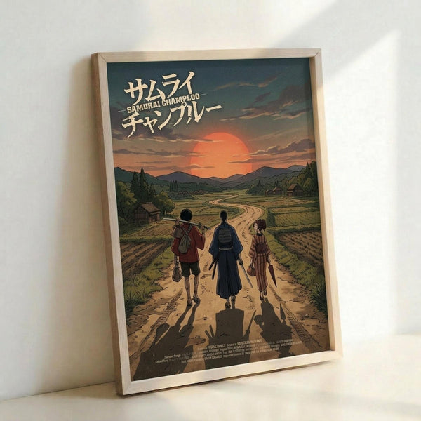 May include: Framed anime-style poster showing three silhouetted figures walking down a dirt road toward mountains at sunset. Features warm orange and red sky with rolling green hills, farmland, and traditional buildings. Japanese text at top. Light wood frame leaning against white wall, casting soft shadows.