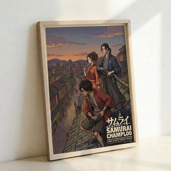 May include: Framed anime poster leaning against white wall showing three characters on traditional Japanese rooftops at sunset. Features a young man in red clothing crouching in foreground, woman in orange kimono, and tall man in blue robes standing behind her. Background displays historic Japanese town with tiled roofs under purple-orange sky with mountains. Light wooden frame, styled as room display mockup.