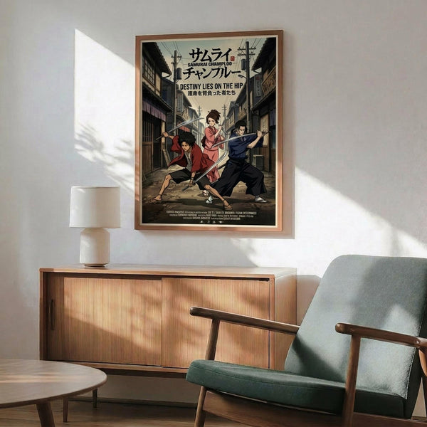 May include: Framed anime poster displayed above wooden sideboard in modern living room setting. Poster shows three characters with swords in traditional Japanese street scene with red and blue clothing against vintage buildings. Mid-century furniture includes teal upholstered chair with wooden arms, round coffee table, white ceramic lamp. Natural sunlight creates shadows on white wall, highlighting the poster's detailed artwork and warm wooden frame.