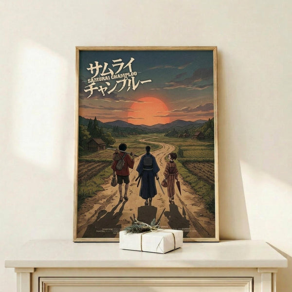 May include: Framed anime poster displayed on light wooden shelf against white wall. Artwork shows three characters walking down dirt road at sunset with rolling hills and orange sky. Small white wrapped gift box sits in front of frame. Warm earth tones throughout vintage-style illustration.