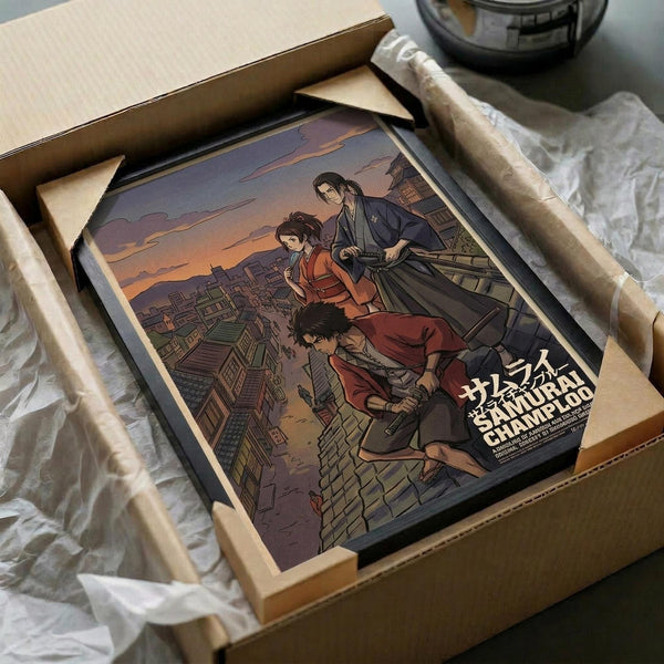 May include: Framed anime poster in wooden frame being unpacked from cardboard box with protective packaging. The artwork shows three samurai characters on a rooftop at sunset with purple and orange sky, traditional Japanese buildings below. One character wears red clothing while crouching, another in orange kimono, and a third in blue garments. The scene has detailed lineart style with warm twilight colors throughout the composition.