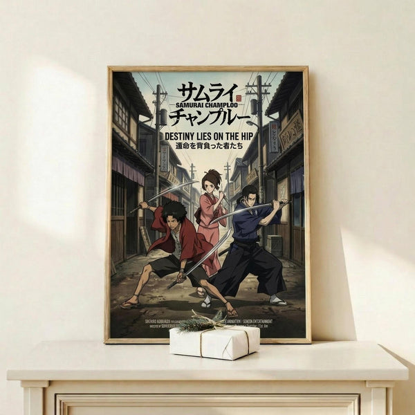 May include: Framed anime poster displayed on light wood shelf against white wall. Shows three samurai characters with swords in traditional Japanese street setting. Japanese and English text at top reads "Samurai Champloo" and "Destiny Lies on the Hip." Characters wear red, pink, and blue clothing in detailed illustration style. Small white wrapped gift box sits in front of poster. Natural wood frame matches shelf. Soft lighting creates gentle shadows on wall.