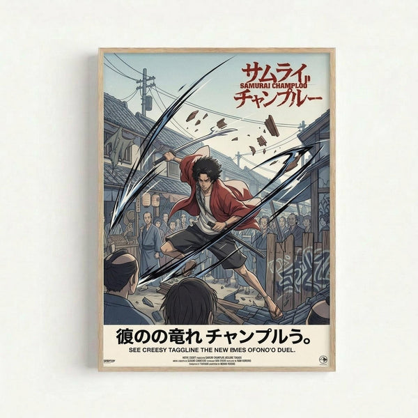 May include: Framed anime-style poster showing a dark-haired samurai warrior in red and white clothing mid-leap with sword drawn, set in a traditional Japanese village street scene with onlookers. The artwork features dynamic black motion lines and muted blue-gray tones. Japanese text appears at top and bottom of the print, displayed in a light wood frame against a white wall.