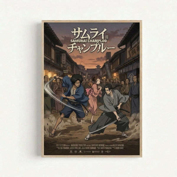 Anime poster featuring two samurai warriors with swords in dynamic fighting poses on a traditional Japanese street at sunset. A woman in pink kimono stands between them as crowds of people watch from both sides. The scene shows wooden buildings with traditional architecture under an orange-purple twilight sky. Japanese text appears at the top with English subtitle "Samurai Champloo." The artwork is displayed in a light wooden frame against a white background, showing vibrant colors and detailed