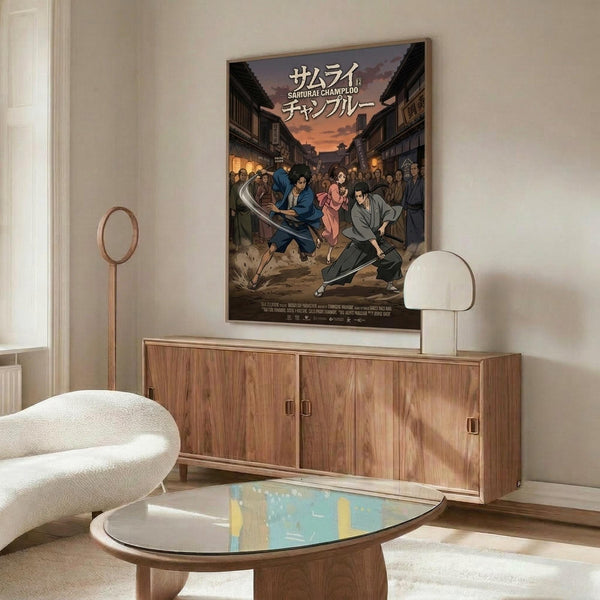 May include: Framed anime poster displayed above wooden sideboard in modern living room setting. Poster shows samurai characters in action scene on traditional Japanese street at sunset with Japanese text. Room features white curved chair, glass-top coffee table, white table lamp, and neutral decor with natural lighting.