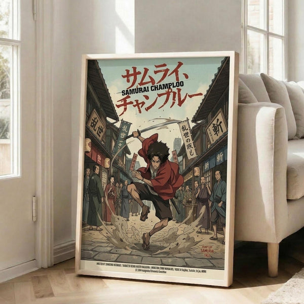 May include: Framed anime poster leaning against white wall next to beige couch in bright living room. Artwork shows dark-haired character in red jacket wielding sword on traditional Japanese street lined with wooden buildings and onlookers. Japanese text at top, muted earth tones throughout design. Natural wood frame, sunlight streaming through windows onto hardwood floors.