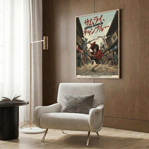 May include: Framed anime poster mounted on wood-paneled wall above beige upholstered armchair with geometric patterned pillow. Poster features samurai character in red clothing on traditional Japanese street scene with Japanese text at top. Modern living room setting with brass floor lamp, side table with open book, and white curtains.