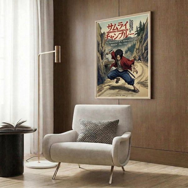 May include: Framed anime poster mounted on wood-paneled wall showing samurai character in red and blue clothing wielding sword in mountainous landscape. Japanese text at top with English subtitle. Cream upholstered armchair with geometric patterned pillow positioned below. Gold floor lamp and dark round side table with open book complete modern living room setting.