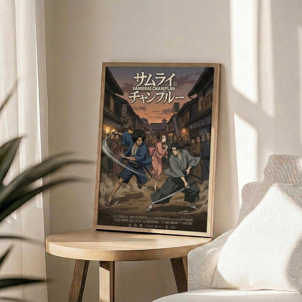 May include: Framed anime poster displayed on wooden round side table next to beige upholstered chair. Poster shows samurai characters with swords in traditional Japanese street scene at sunset, featuring blue and pink-robed figures amid crowd. Natural lighting creates soft shadows across neutral-toned room setting with plant visible in corner.