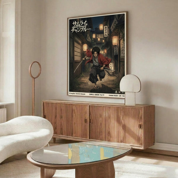 May include: Framed anime poster showing samurai character in red jacket walking through traditional Japanese street with paper lanterns at night. Poster displayed above wooden mid-century modern credenza in minimalist living room with white curved chair, oval glass coffee table, and white walls.