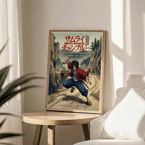 May include: Framed anime poster featuring a black-haired samurai character in red and blue clothing wielding a sword, set against a mountainous landscape with green trees. The artwork displays Japanese text at the top and "The Revolution of a Generation" subtitle. The thin wooden frame rests on a round wooden side table next to a beige upholstered chair, with a plant casting shadows on the white wall behind in natural sunlight.