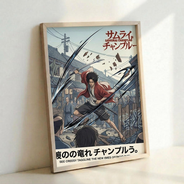 A framed anime-style poster featuring a dark-haired samurai character in a red and white outfit mid-battle, wielding a sword with dynamic motion lines. The artwork shows a traditional Japanese village scene with wooden buildings, power lines, and onlookers in the background. Japanese text appears at the top and bottom in red and black lettering. The poster has a light wooden frame and leans against a white wall, casting a subtle shadow.