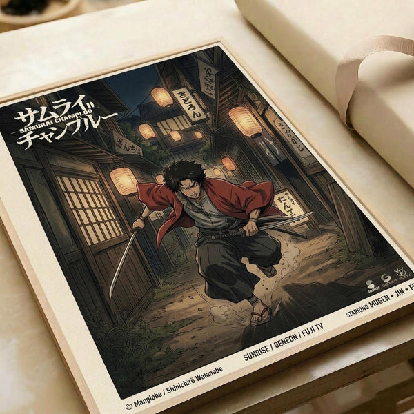 Anime poster print showing a samurai character with dark hair in a red jacket and gray clothing, holding a sword while crouching in a traditional Japanese village street at night. Paper lanterns glow warmly above wooden buildings with Japanese signage. The artwork has detailed line art in muted colors with atmospheric lighting. The poster lies flat on a white surface next to what appears to be a white tube or roll, showing the print's rectangular format with Japanese text in the upper left corne