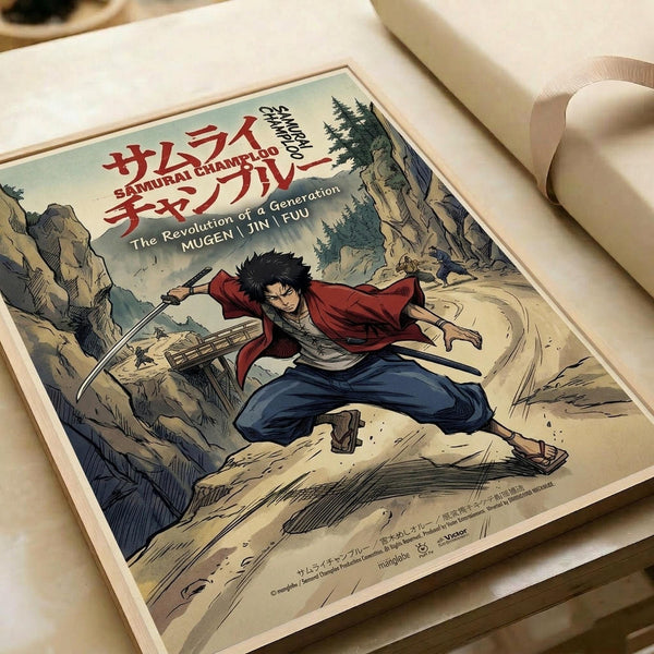 Vintage-style anime poster featuring a dark-haired samurai character in red jacket and blue pants, wielding a sword in dynamic action pose against a mountainous landscape background. The artwork displays muted earth tones with Japanese text at the top and English subtitle "The Revolution of a Generation" below. The poster is printed on cream-colored paper with a light border, lying flat on a white surface next to rolled paper tubes, showcasing the print's detailed illustration style and authen