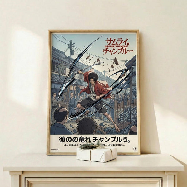 May include: Framed anime poster displayed on light wood shelf against white wall. Shows dynamic samurai character in red and white clothing mid-battle with sword slashes across scene, set in traditional Japanese street with onlookers. Japanese text at top and bottom. Small white wrapped gift with greenery sits on shelf beside the wooden-framed artwork.