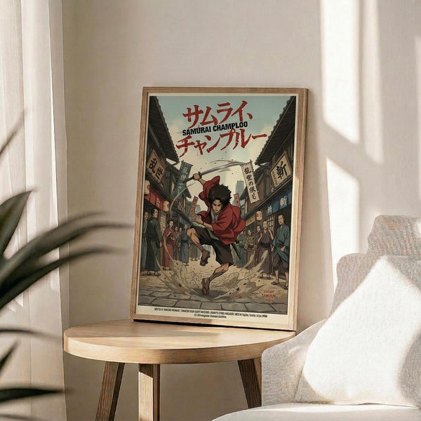 May include: Framed anime poster displayed on wooden side table next to beige upholstered chair. Artwork shows character in red jacket wielding sword on traditional Japanese street with crowd watching. Poster has Japanese text at top, warm earth tones, and thin wooden frame. Natural lighting creates soft shadows across white wall and plant leaves visible at left edge.