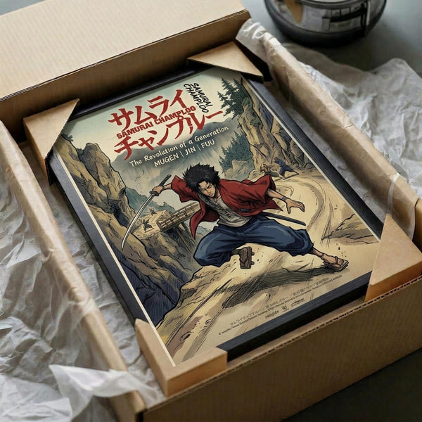 May include: Framed anime poster in wooden crate with protective padding, showing samurai character with black hair in red and blue clothing wielding sword in mountainous landscape. Vintage-style artwork with Japanese text and muted earth tones. Frame appears black, nestled in cardboard shipping box with white tissue paper.