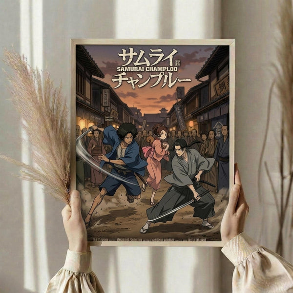 May include: Hands holding a framed anime poster featuring samurai characters with swords in a traditional Japanese street scene at sunset. The artwork shows characters in blue and pink clothing against wooden buildings with lanterns. Neutral beige frame with dried pampas grass visible to the left side against white curtained window background.