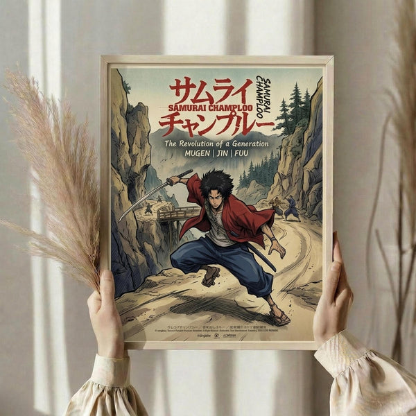 May include: Hands holding a framed anime poster featuring a samurai character with black hair in red and blue clothing, wielding a sword in a mountainous landscape. The artwork shows Japanese text at the top with English subtitle "The Revolution of a Generation" and "MUGEN JIN FUU" below. Light wooden frame against white curtained background with dried pampas grass visible on the left side.