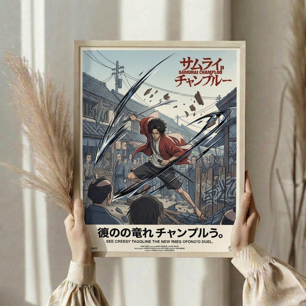 May include: Hands holding a framed anime poster showing a samurai character in red clothing wielding swords in a traditional Japanese village setting. The artwork features dynamic action lines and a crowd of onlookers. Japanese text appears at the top and bottom. Light wood frame against white curtained background with dried wheat stems visible on the left side.