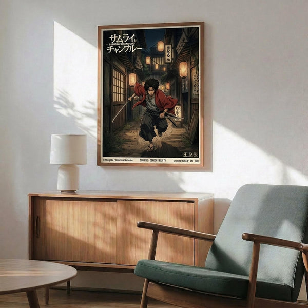 May include: Framed anime poster showing a samurai character with dark hair in red and gray clothing, holding a sword while crouching in a lantern-lit Japanese street scene. The artwork features warm orange lighting and traditional architecture. Displayed above a wooden sideboard with white ceramic lamp, next to a mid-century modern green upholstered chair with wooden arms in a minimalist living room with white walls and natural sunlight streaming across the space.