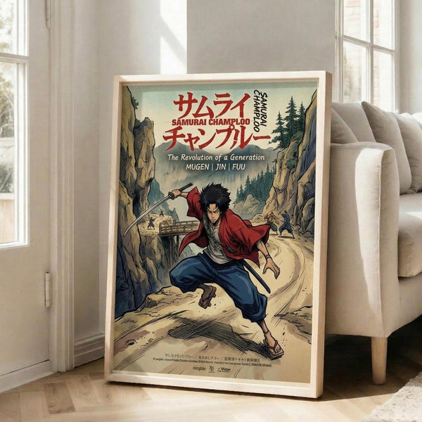 May include: Framed anime-style poster leaning against white wall next to beige sofa in bright room with windows. Shows character with dark hair in red and blue clothing wielding sword in mountainous landscape. Japanese and English text at top reads "Samurai Champloo" and "The Revolution of a Generation." Natural wood frame, vintage-inspired art style with muted earth tones.