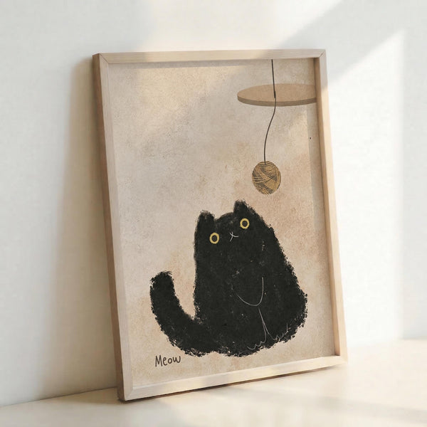 May include: Framed artwork showing a black cat with yellow eyes sitting and looking up at a dangling ball of yarn attached to a wooden spool. The cat has "Meow" written below it in simple text. The illustration uses a sketchy, textured style on cream-colored paper within a light wooden frame, displayed against a white wall.