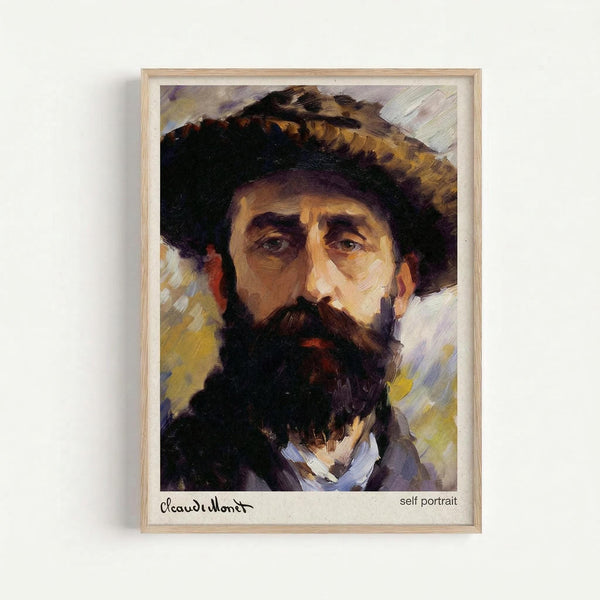 A self-portrait painting showing a bearded man wearing a wide-brimmed hat with feathers, rendered in loose brushstrokes with warm earth tones and purple shadows. The artwork is displayed in a light wood frame against a white wall, with the artist's signature visible at the bottom left and "self portrait" text on the right.