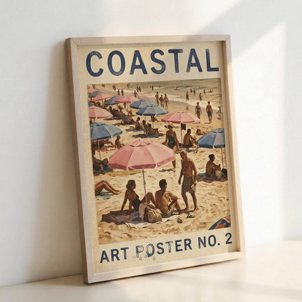 May include: Framed vintage-style beach poster showing people relaxing under colorful pink and blue umbrellas on sandy shore. Natural wood frame displays retro artwork with "COASTAL" at top and "ART POSTER NO. 2" at bottom in navy text. Poster leans against white wall corner, showing warm tones and classic summer beach scene with beachgoers sunbathing and walking along waterline.