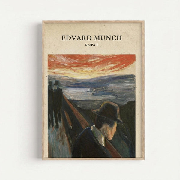 Framed art print featuring Edvard Munch's expressionist painting showing a figure in dark clothing with head tilted downward against a dramatic landscape. The scene depicts swirling orange and red clouds in the sky above rolling hills and a distant fjord or lake. The composition uses bold brushstrokes and muted earth tones contrasted with the vibrant sunset colors. The print is displayed in a light wood frame against a white wall, showing the cream-colored background typical of vintage art repro