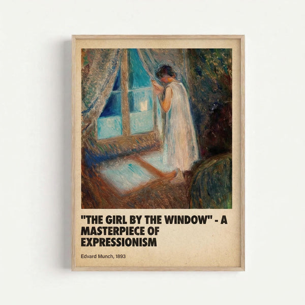 May include: Framed art print hanging on white wall showing Edvard Munch's expressionist painting of a woman in white dress standing by blue window with curtains, rendered in soft pastels and earth tones. Light wooden frame with cream matting displays the artwork with black text below identifying it as a masterpiece of expressionism from 1893.