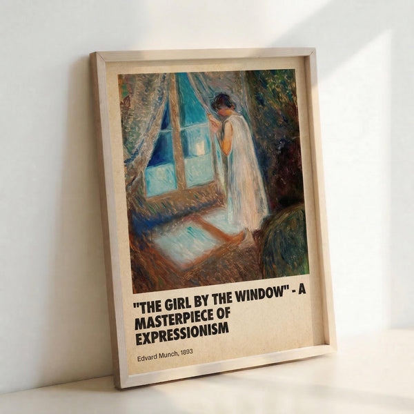 May include: Framed art print leaning against white wall showing Edvard Munch's expressionist painting of a figure in white clothing standing by a window with blue curtains. The artwork features bold brushstrokes in blues, whites, and earth tones. Light wooden frame with cream matting displays the image above black text identifying the piece and artist. Natural lighting creates soft shadows on the wall.