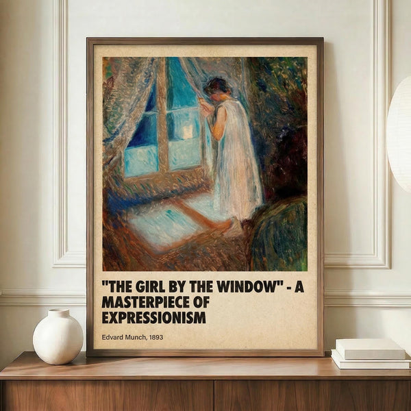 May include: Framed poster print featuring Edvard Munch's expressionist painting of a woman in white nightgown standing by a window with blue curtains. The artwork shows soft, swirling brushstrokes in blues, whites, and earth tones. Large brown-framed print displayed on wooden sideboard alongside white ceramic vase and stacked books against cream wainscoted wall.