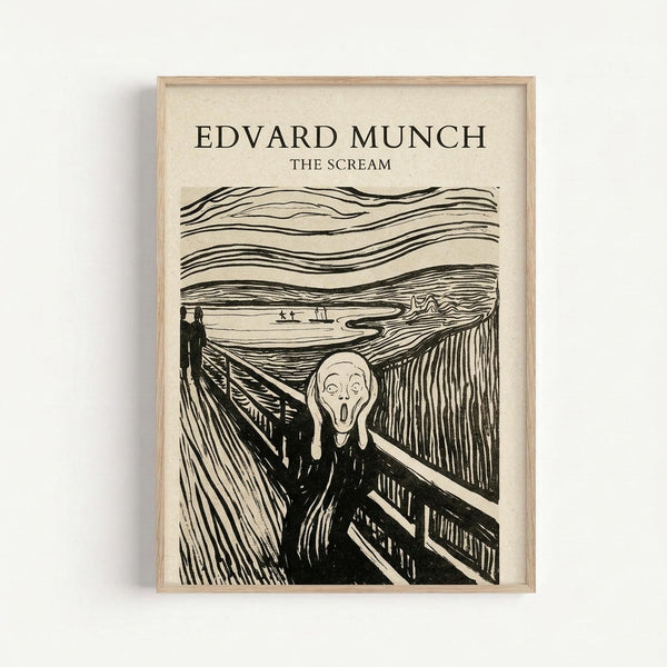 Black and white woodcut-style reproduction of Munch's famous expressionist artwork showing a distorted figure with hands to face in an anguished scream, standing on a wooden bridge with swirling sky lines above. The print is displayed in a light wooden frame against a cream-colored background, mounted on a white wall.