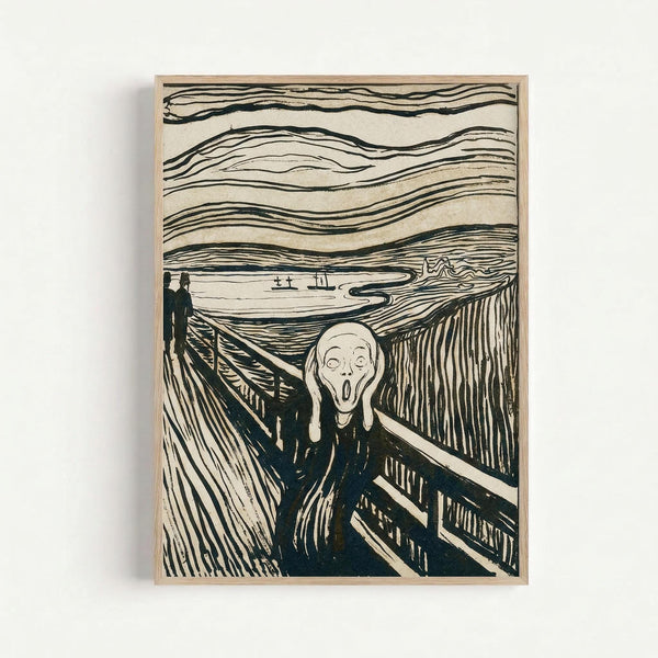 Black and white lithograph print of Munch's famous expressionist artwork showing a skeletal figure with hands on face in anguish on a wooden bridge. Two dark silhouettes stand in background near water with boats. Swirling horizontal lines fill the turbulent sky. The print displays bold contrasting strokes and dramatic perspective, mounted in a light wooden frame against a white wall.