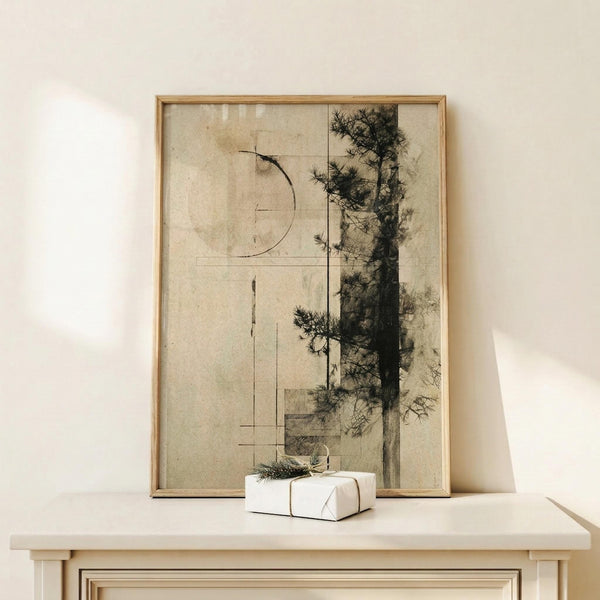 May include: Abstract art print in light wood frame displaying sepia-toned collage with pine tree branches, geometric lines, and partial circle elements. Artwork leans against white wall on pale wooden surface next to small white wrapped gift with natural twine and evergreen sprig. Soft natural lighting creates gentle shadows on minimalist neutral-toned setting.