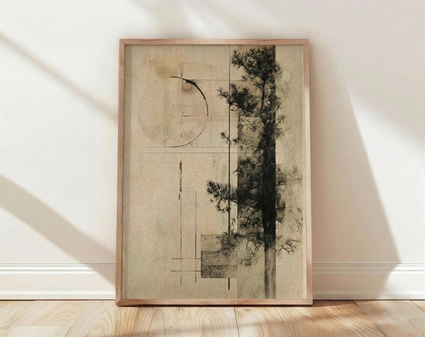 May include: Framed abstract botanical artwork featuring a dark pine tree branch with delicate needles overlaying geometric line drawings including a curved arc and straight lines on aged beige paper background, displayed in light wood frame against white wall on wooden floor with natural window light casting shadows