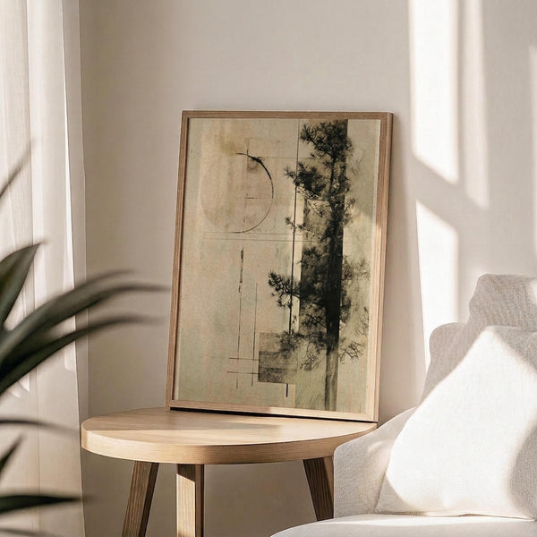 May include: Abstract artwork featuring a dark pine tree silhouette alongside geometric line drawings including a circular form and rectangular shapes on aged, cream-colored paper. The piece sits in a thin wooden frame on a round natural wood side table next to a beige upholstered chair. Soft natural light creates shadows across white walls, with a plant visible in the corner of the minimalist room setting.